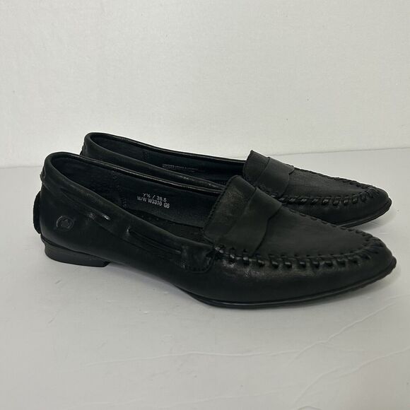 Børn Shoes - Born Black Leather Penny Loafers Slip On Shoes Flats W3310